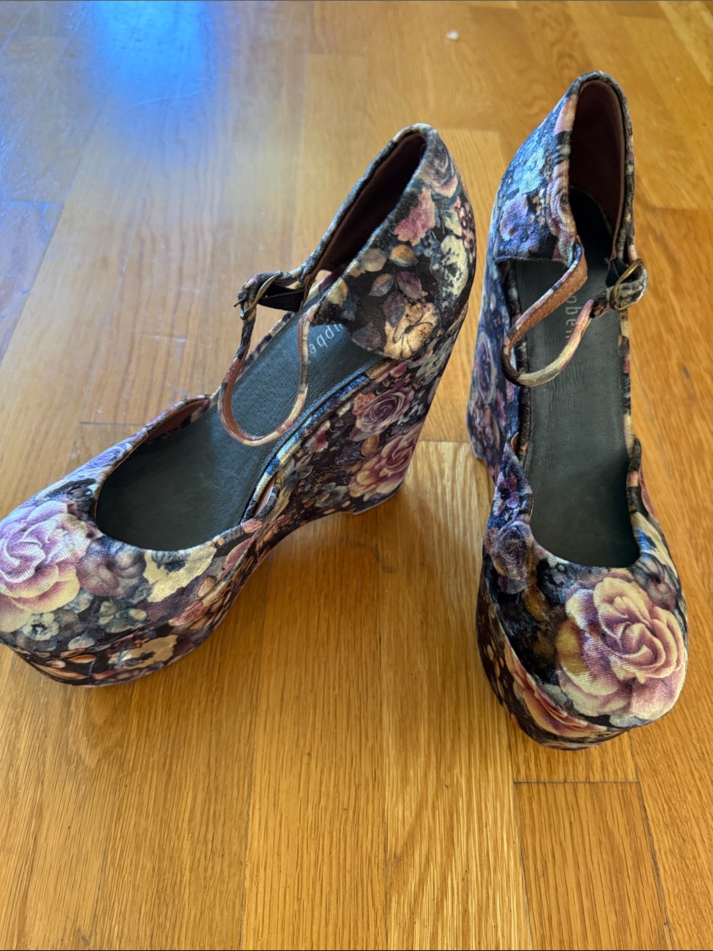 Jeffrey Campbell Floral Velvet Mary Jane Platform Wedges In Purple And Pink